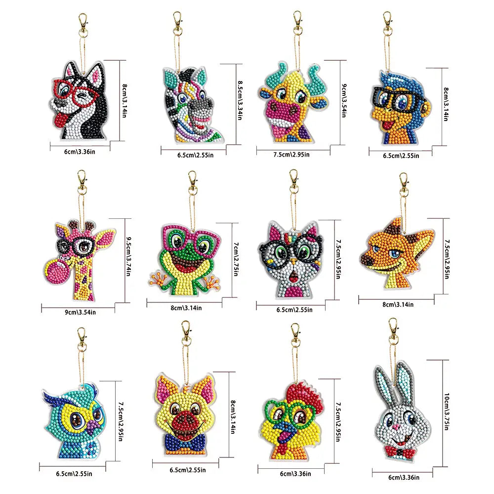 12pcs Animal Faces - Diamond Painting Keychain - Keychain