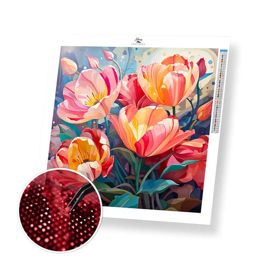 Beautiful Tulips - Exclusive Premium Diamond Painting Kit - 20x20cm / 8x8’’ / Square (Most Popular) / No Frame
