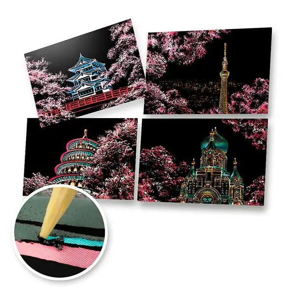 Cherry Blossoms Scratch Painting Bundle (A4 Size) - Scratch Painting