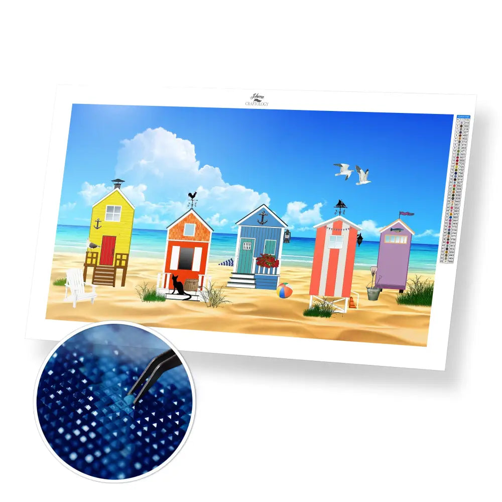 Colorful Beach Huts - Premium Diamond Painting Kit - 50x30cm / 20x12’’ / Square (Most Popular) - Diamond Painting Kit