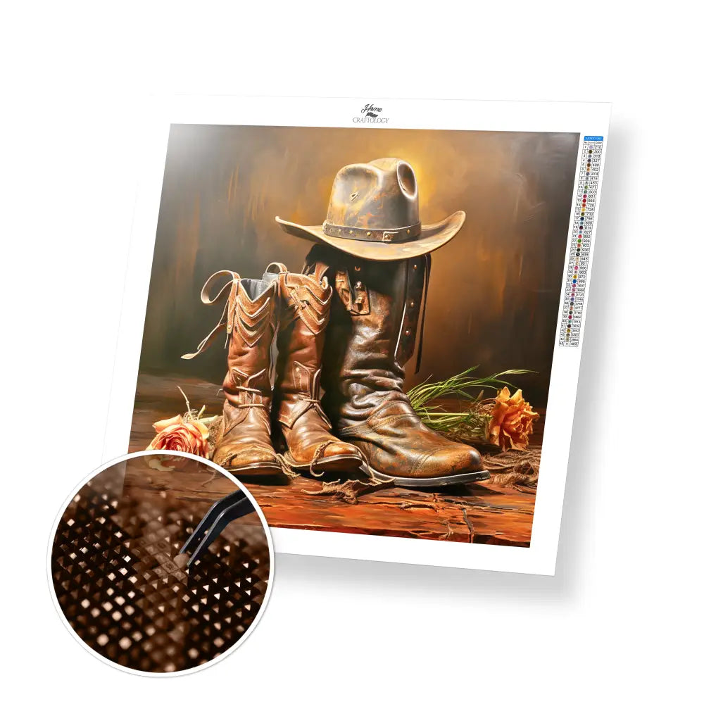 Cowboy Boots and Hat - Exclusive Premium Diamond Painting Kit - 20x20cm / 8x8’’ / Square (Most Popular) - Diamond