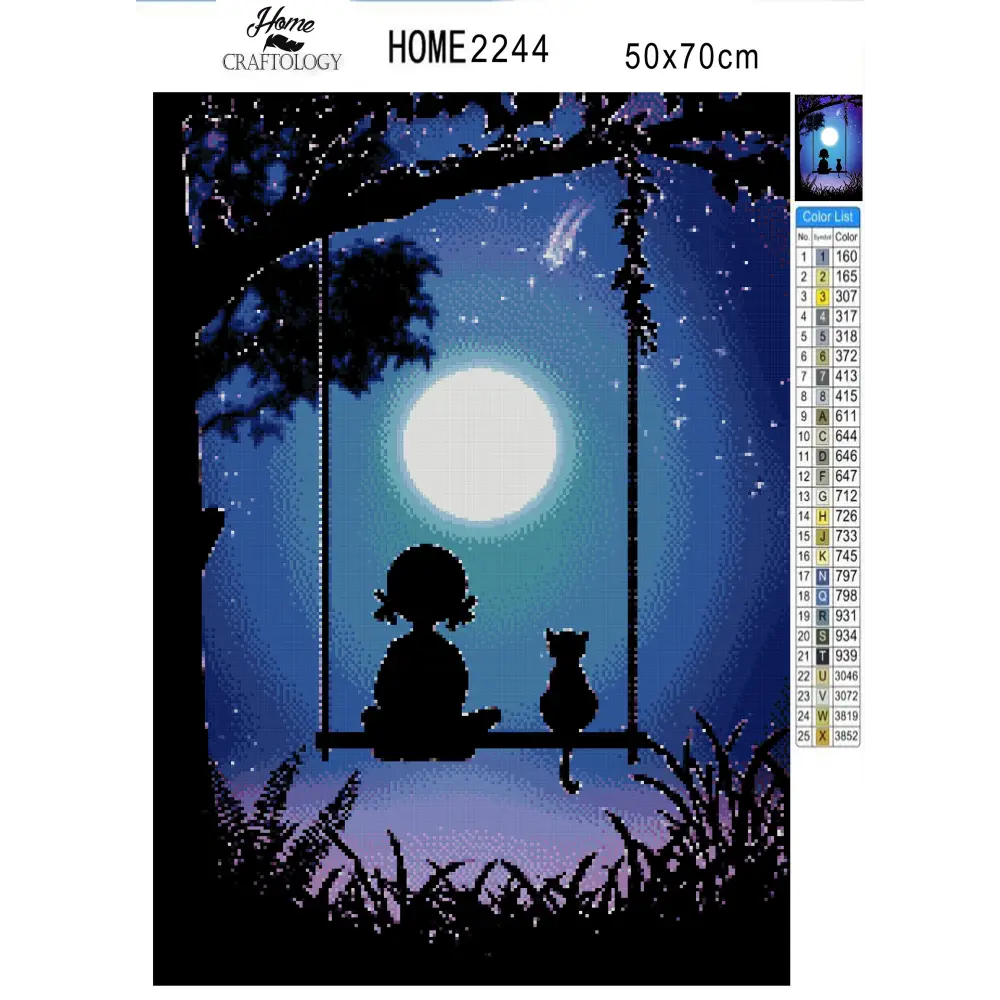 Girl and Cat During Full Moon - Premium Diamond Painting Kit - Diamond Painting Kit