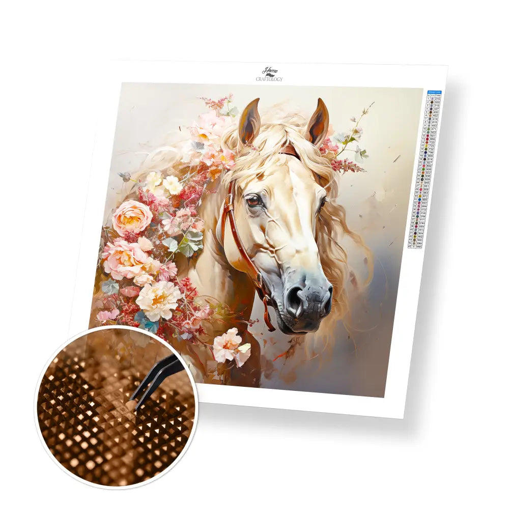 Horse with Pink Flowers - Exclusive Premium Diamond Painting Kit - 20x20cm / 8x8’’ / Square (Most Popular) - Diamond