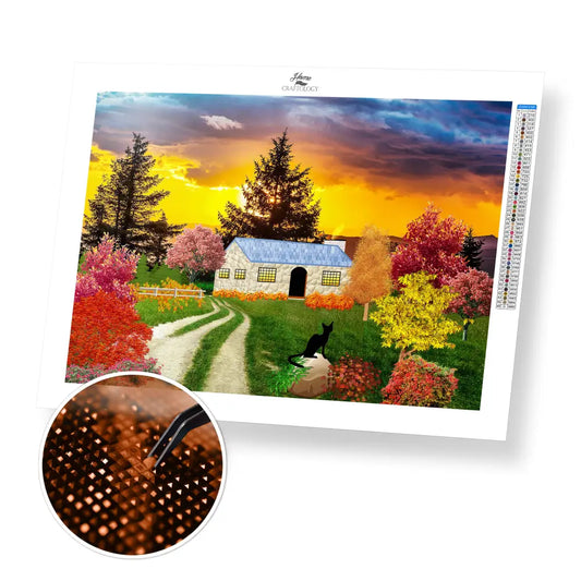 House with a Black Cat - Premium Diamond Painting Kit - 40x30cm / 16x12’’ / Square (Most Popular) - Diamond Painting Kit