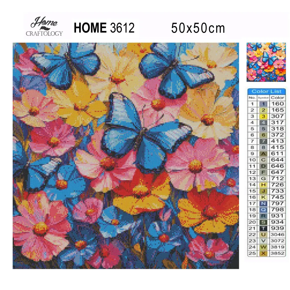 New! Flowers and Blue Butterflies - Exclusive Premium Diamond Painting Kit - Diamond Painting Kit