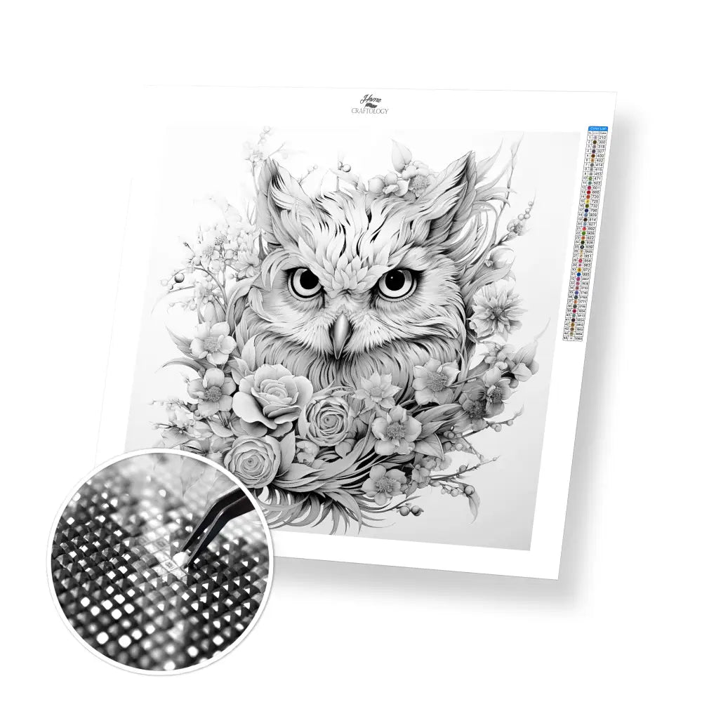 Owl with Flowers - Exclusive Premium Diamond Painting Kit - 30x30cm / 12x12’’ / Square (Most Popular) - Diamond