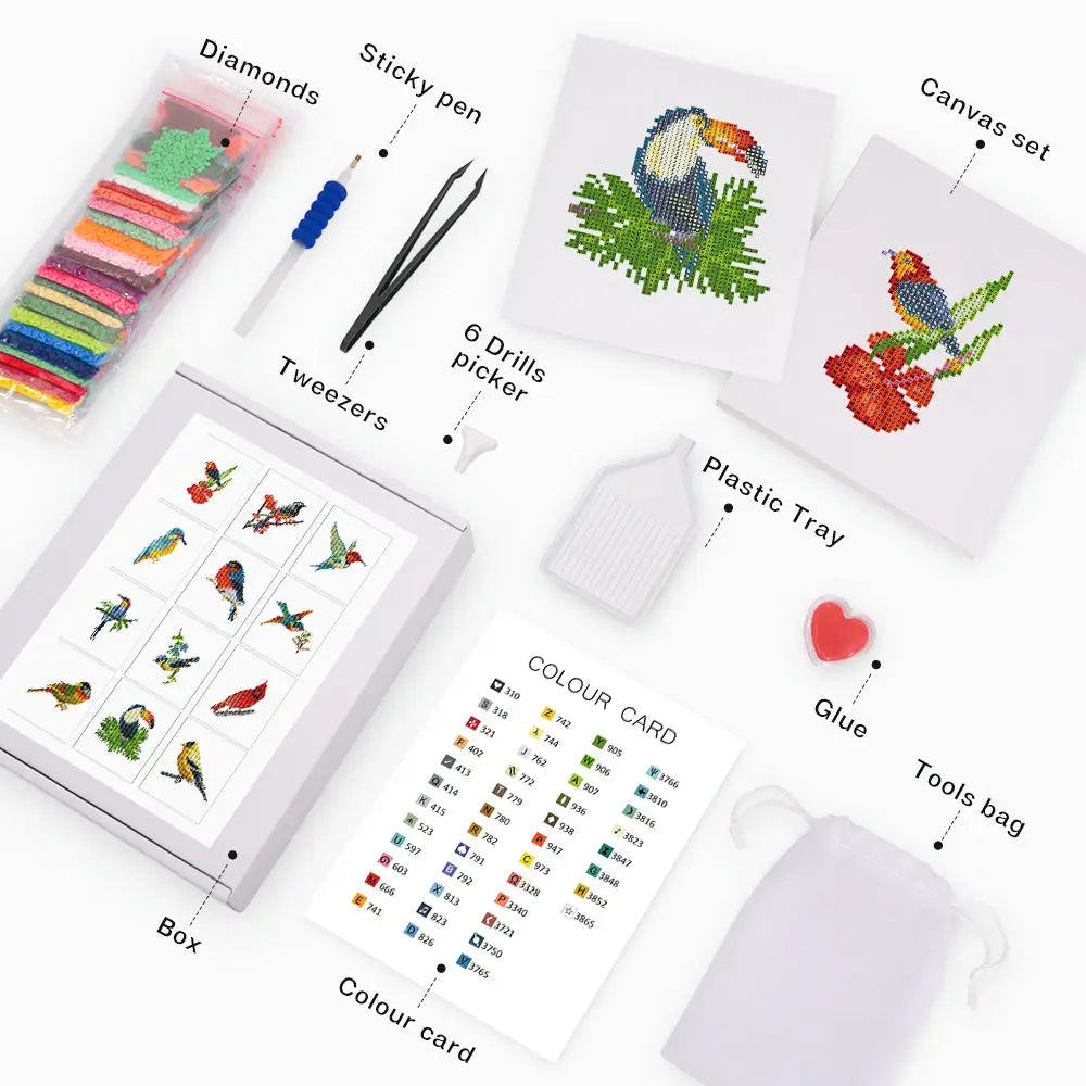 Set of 12 Birds - Mini Diamond Painting Kits - Mini Painting