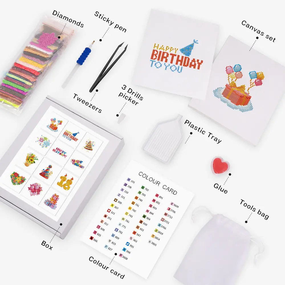 Set of 12 Birthday - Mini Diamond Painting Kits - Mini Painting