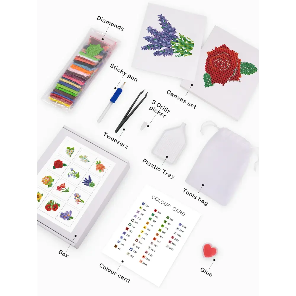 Set of 12 Flowers A - Mini Diamond Painting Kits - Mini Painting
