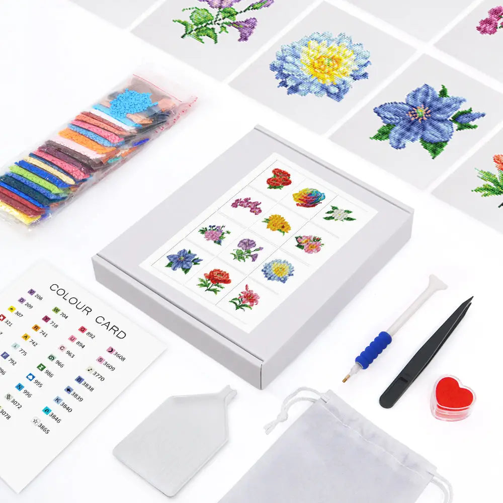 Set of 12 Flowers B - Mini Diamond Painting Kits - Mini Painting