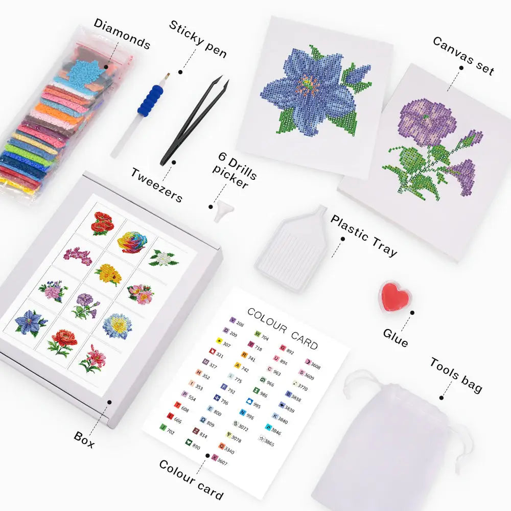Set of 12 Flowers B - Mini Diamond Painting Kits - Mini Painting