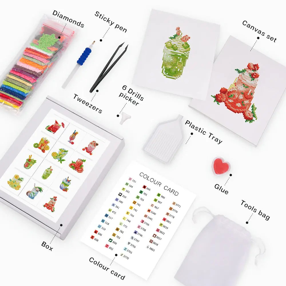 Set of 12 Juice and Shakes - Mini Diamond Painting Kits - Mini Painting