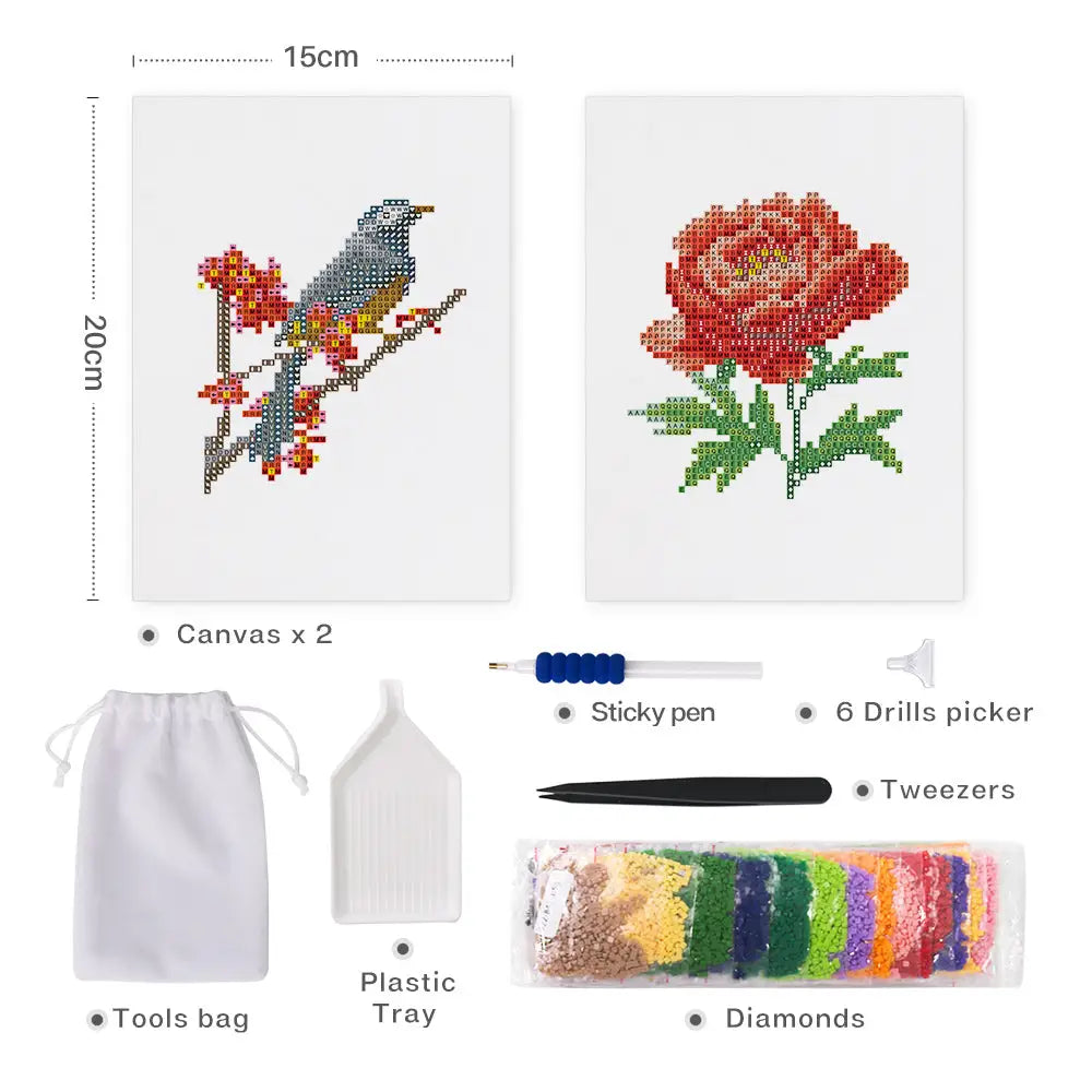 Set of 2 Bird and Flower - Mini Diamond Painting Kits - Mini Painting
