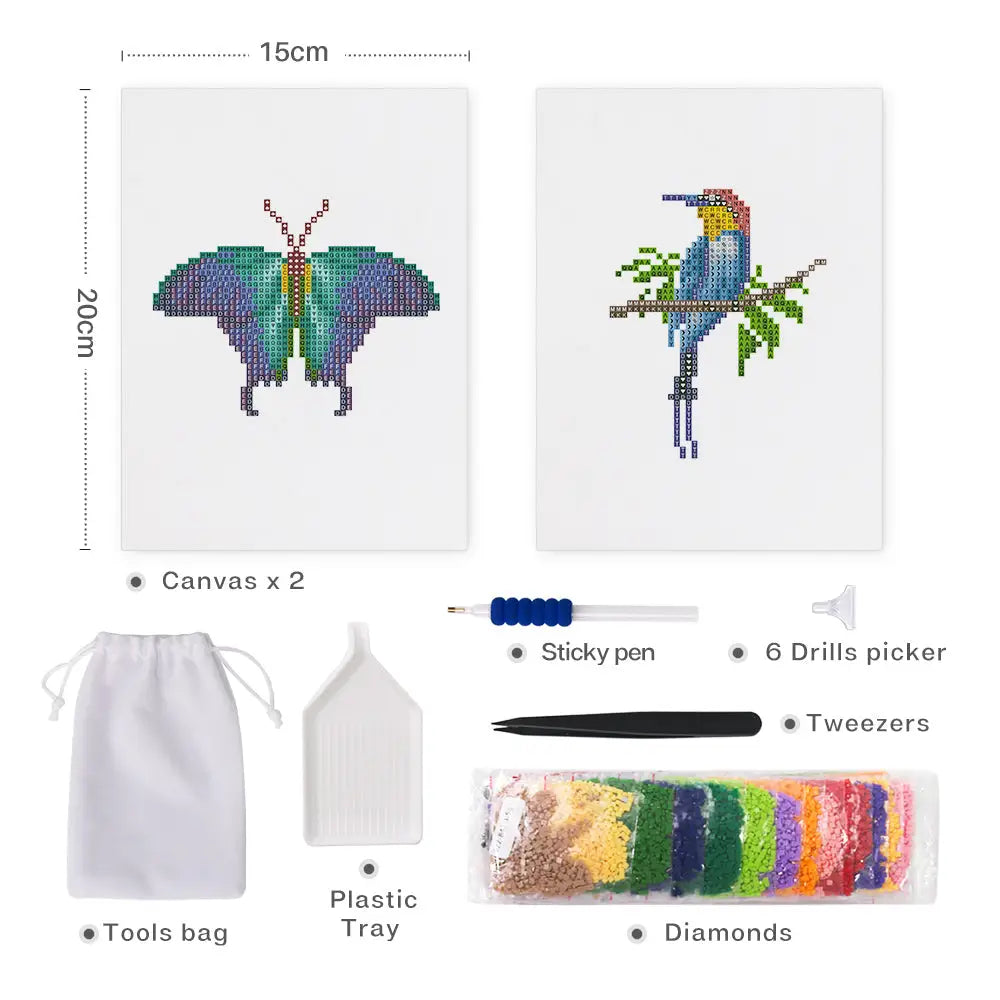 Set of 2 Blue Butterfly and Bird - Mini Diamond Painting Kits - Mini Painting