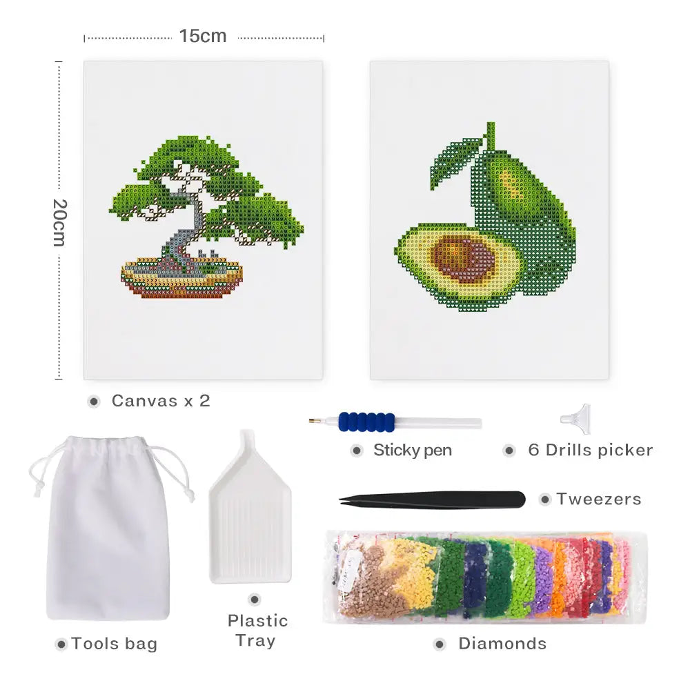 Set of 2 Bonsia and Avocado - Mini Diamond Painting Kits - Mini Painting