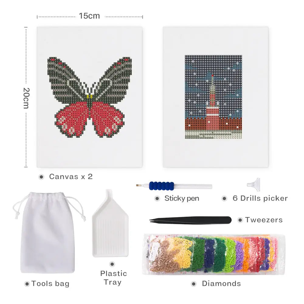 Set of 2 Butterfly and Tower - Mini Diamond Painting Kits - Mini Painting