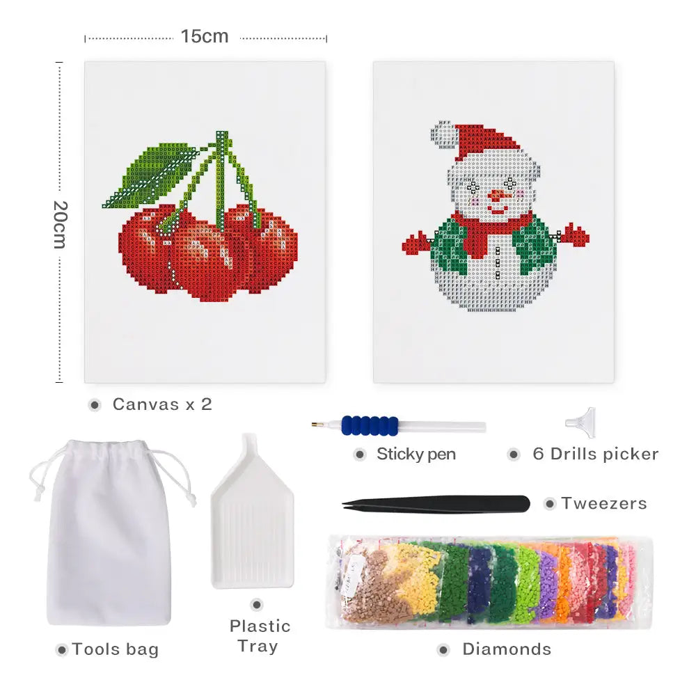 Set of 2 Cherry Snowman - Mini Diamond Painting Kits - Mini Painting