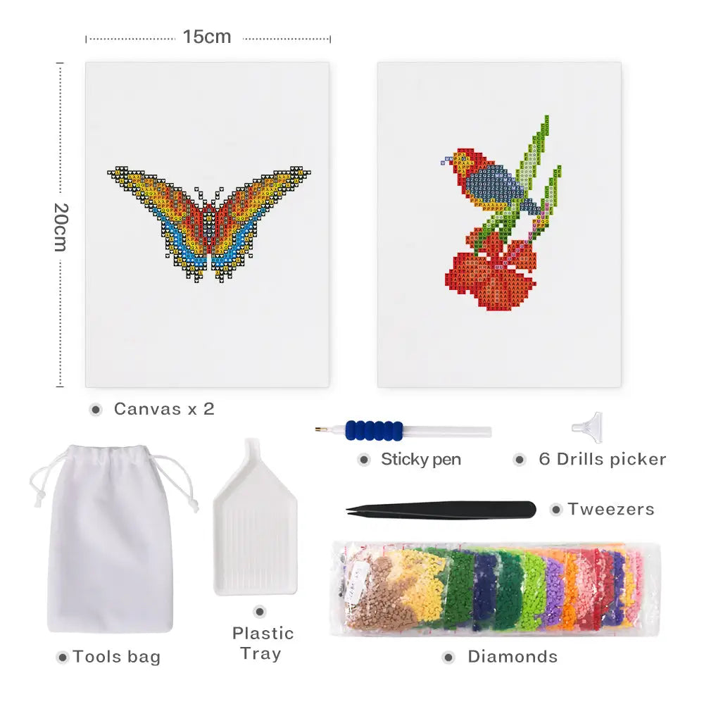Set of 2 Red Butterfly and Bird - Mini Diamond Painting Kits - Mini Painting
