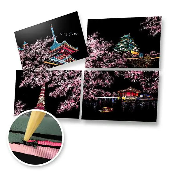 Set of 4 Cherry Blossom Scratch Postcards - Scratch Painting