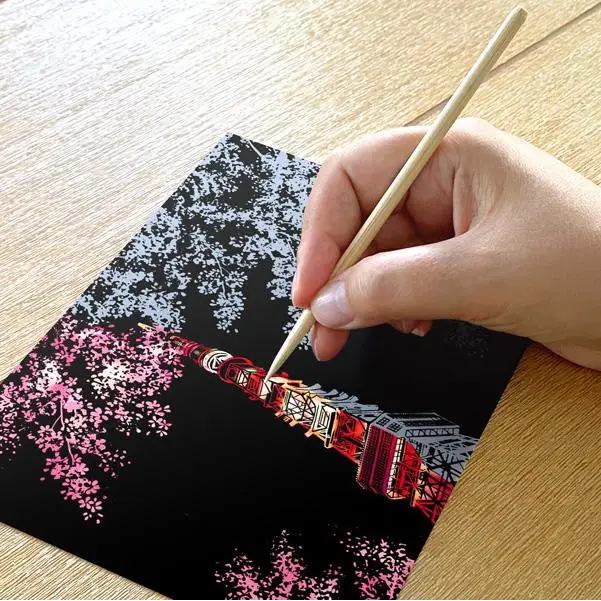 Set of 4 Cherry Blossom Scratch Postcards - Scratch Painting