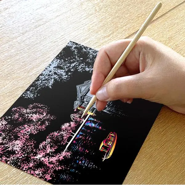 Set of 4 Cherry Blossom Scratch Postcards - Scratch Painting