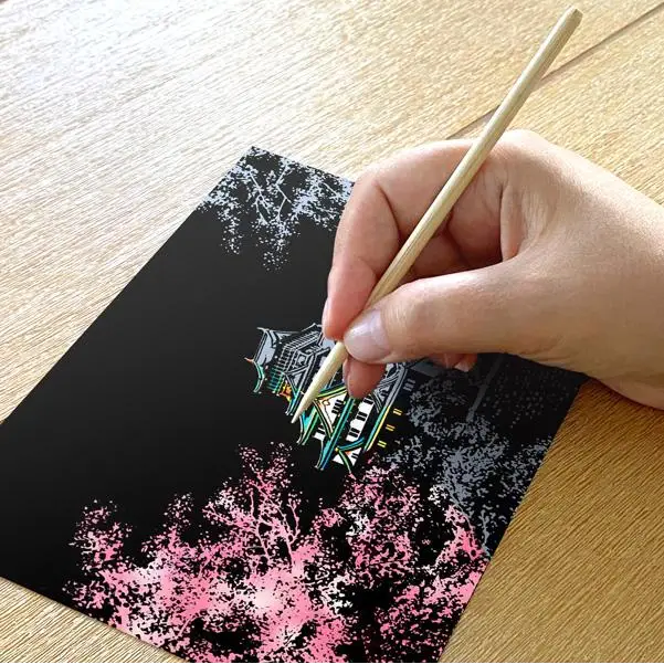 Set of 4 Cherry Blossom Scratch Postcards - Scratch Painting