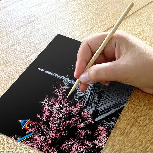 Set of 4 Cherry Blossom Scratch Postcards - Scratch Painting