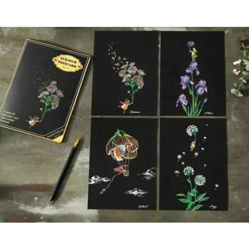 Set of 4 Flower Scratch Postcards