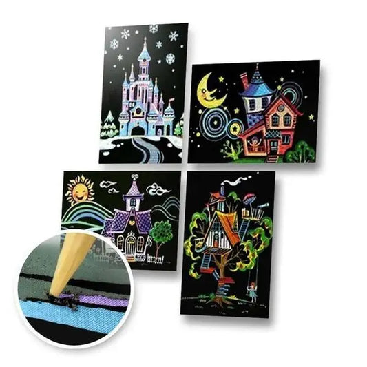 Set of 4 Houses Scratch Postcards - Scratch Painting