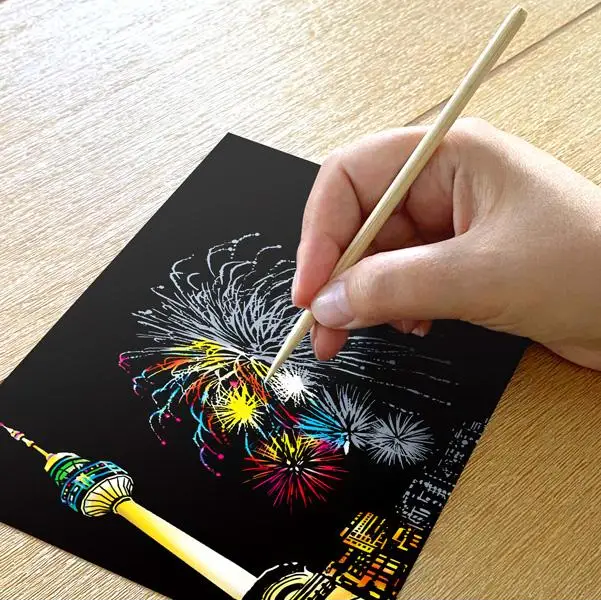 Set of 4 New Year Fireworks Scratch Postcards - Scratch Painting