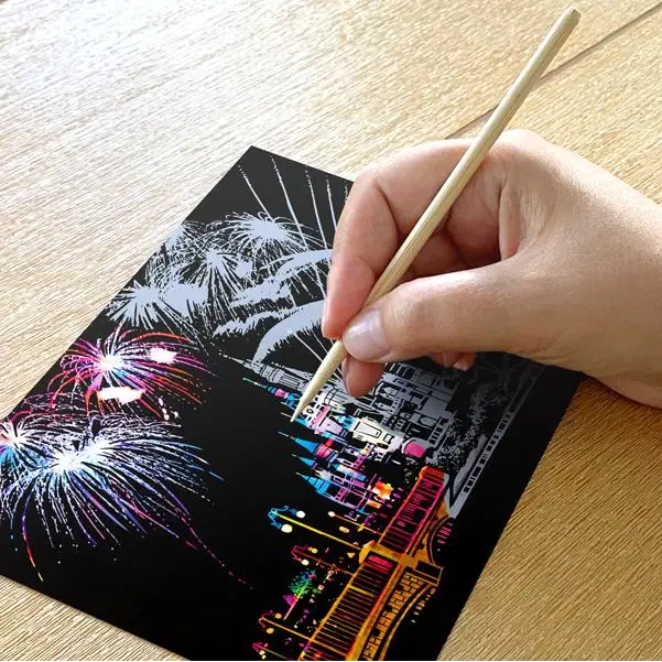 Set of 4 New Year Fireworks Scratch Postcards - Scratch Painting