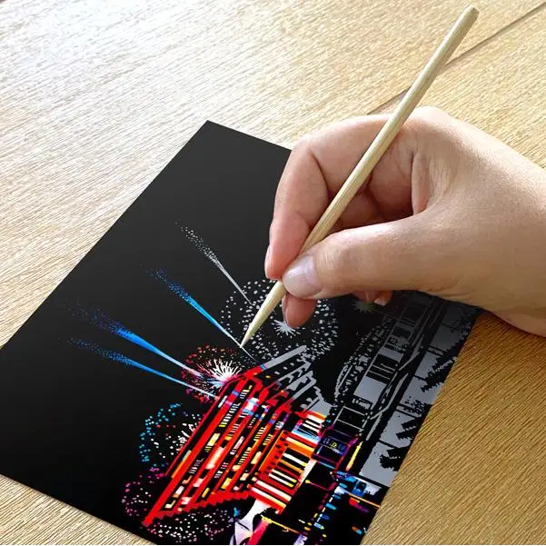 Set of 4 New Year Fireworks Scratch Postcards - Scratch Painting