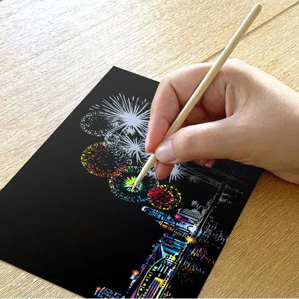 Set of 4 New Year Fireworks Scratch Postcards - Scratch Painting