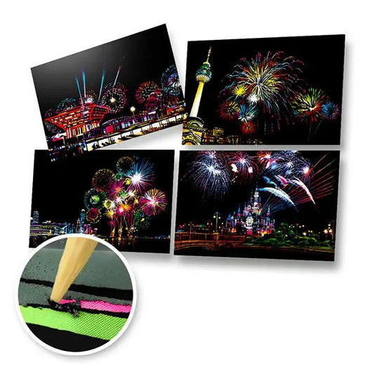 Set of 4 New Year Fireworks Scratch Postcards - Scratch Painting