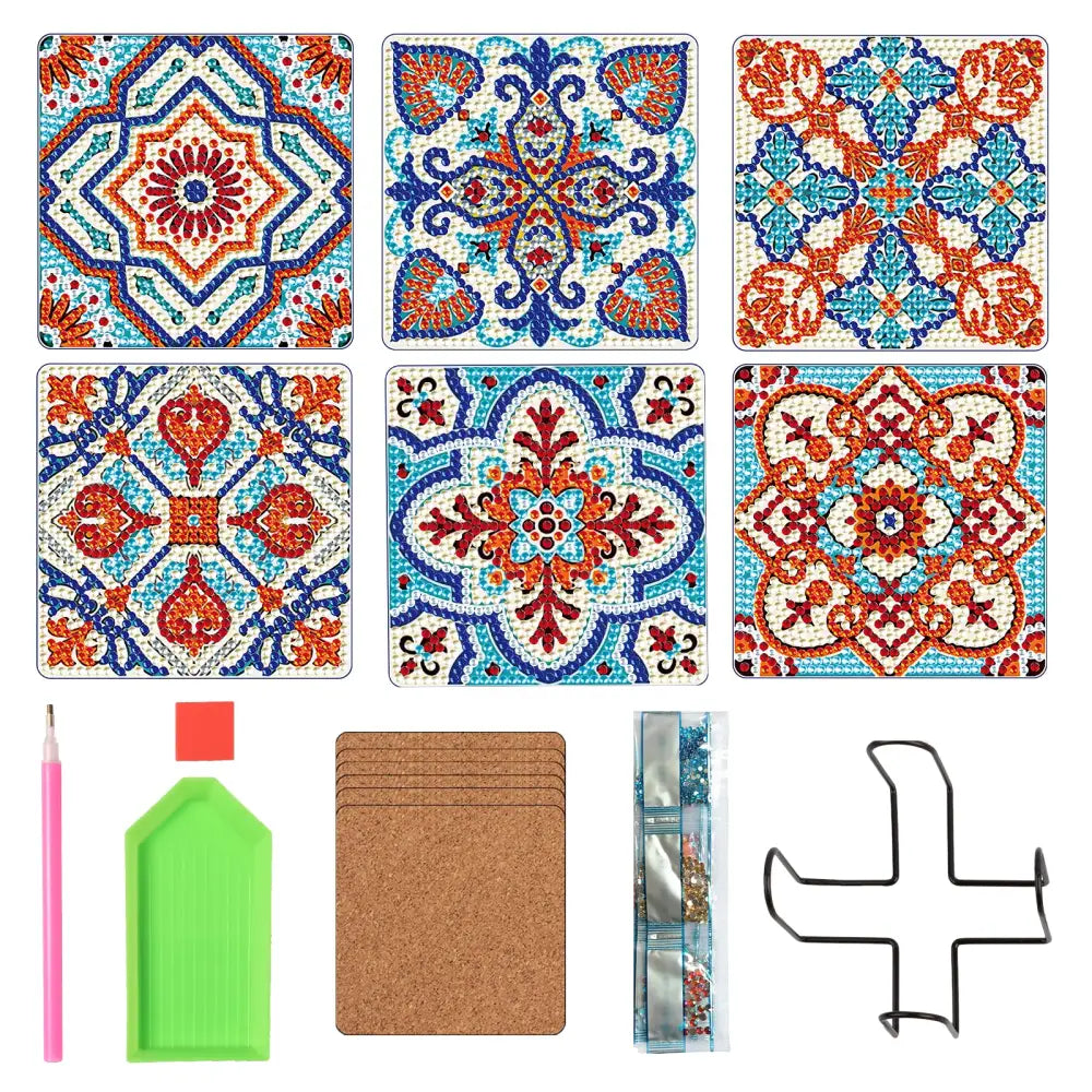 Set of 6 Blue and Orange - Diamond Painting Coaster - Coasters
