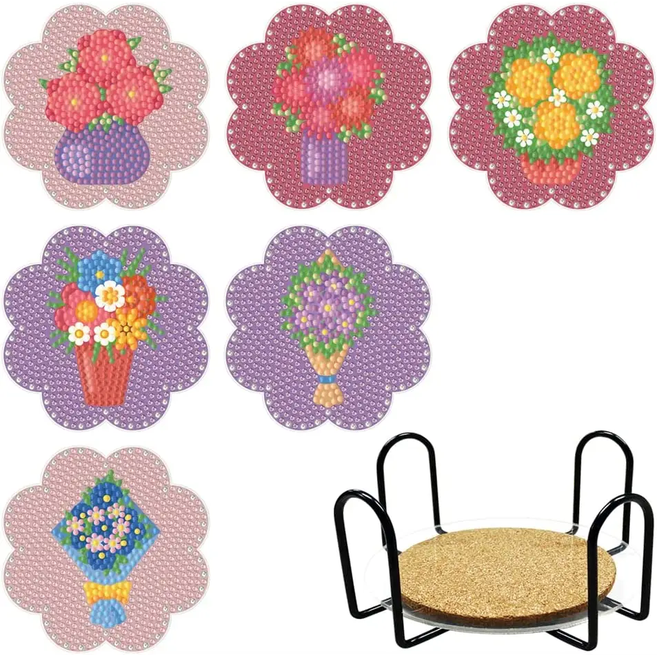 Set of 6 Flowers - Diamond Painting Coaster - Coasters
