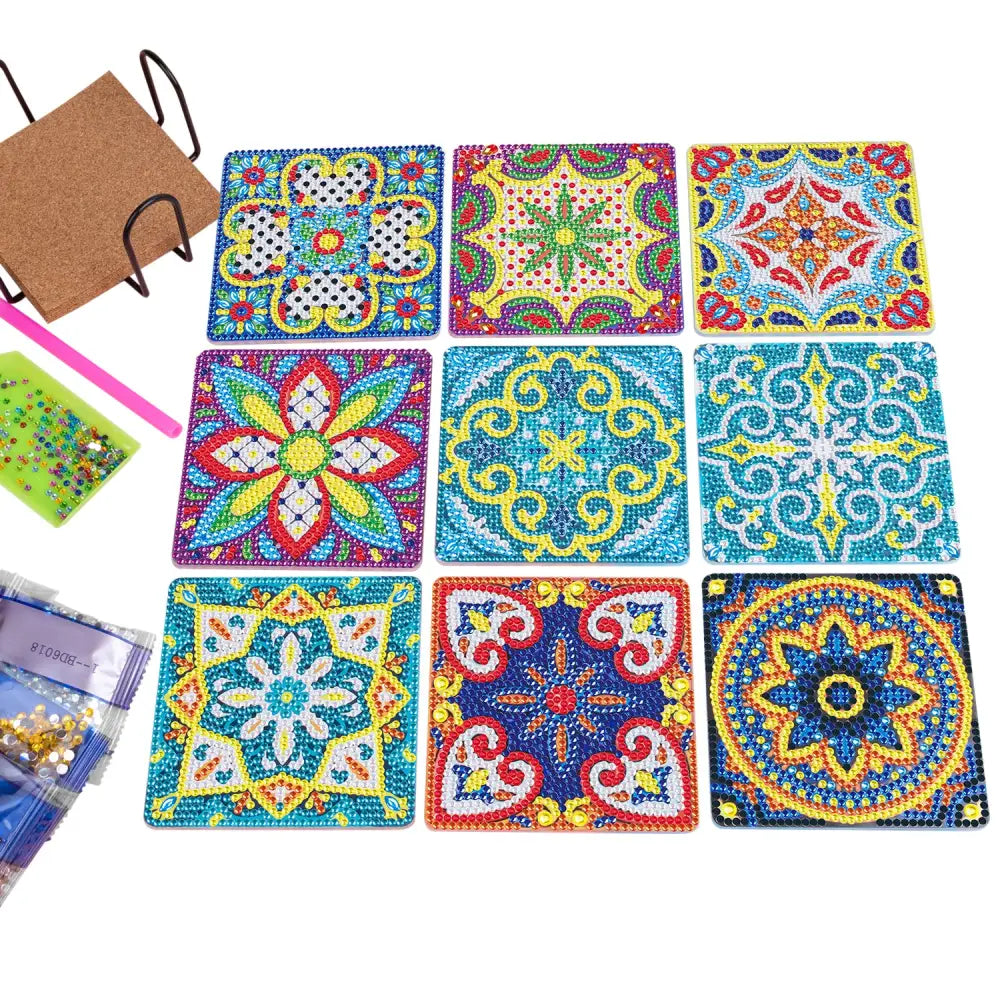 Set of 9 Square Mandala - Diamond Painting Coaster - Coasters