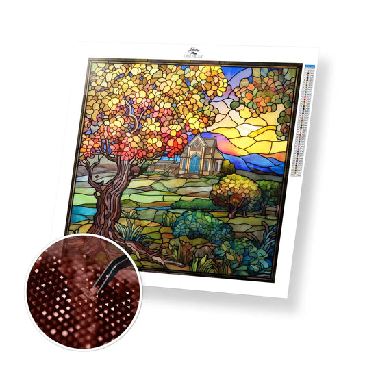 Stained Glass Church in Orchard - Exclusive Premium Diamond Painting Kit - 30x30cm / 12x12’’ / Square (Most Popular)