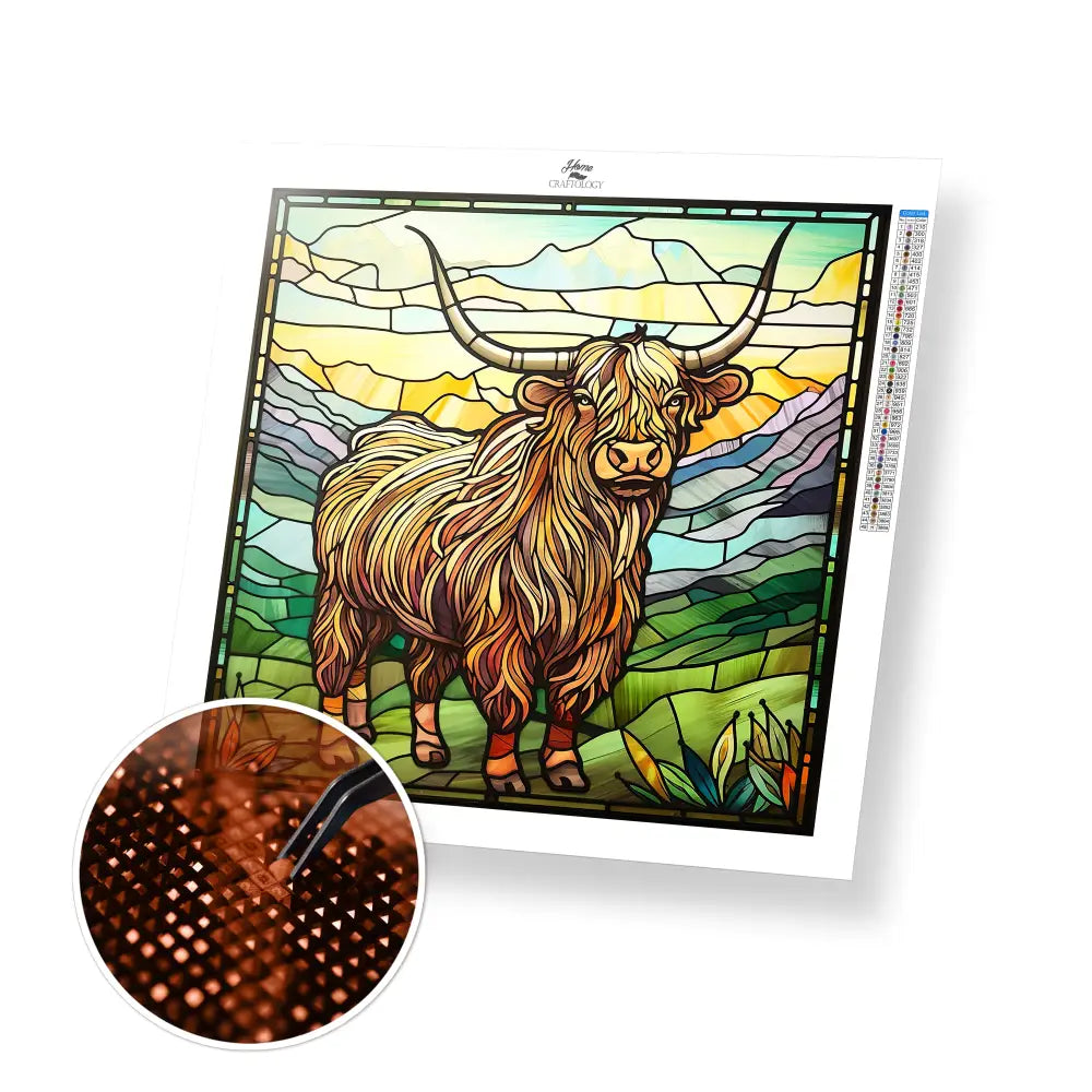 Stained Glass Highland Cow - Exclusive Premium Diamond Painting Kit - 20x20cm / 8x8’’ / Square (Most Popular) - Diamond
