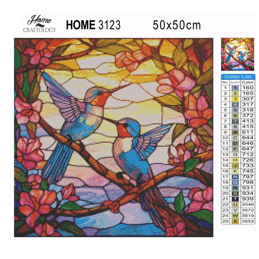 Stained Glass Hummingbirds on Branch - Exclusive Premium Diamond Painting Kit - Diamond Painting Kit