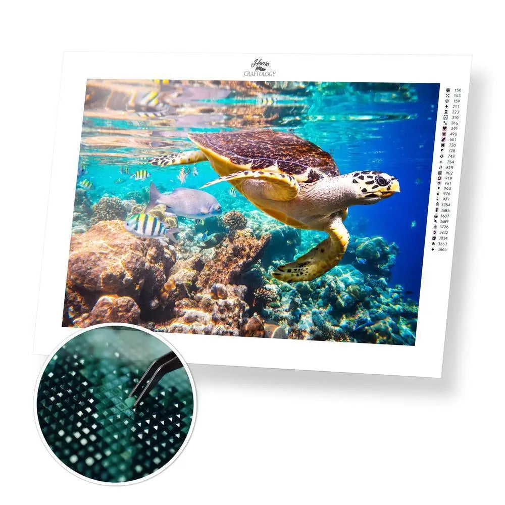 Swimming Sea Turtle - Exclusive Premium Diamond Painting Kit - 25x20cm / 10x8’’ / Square (Most Popular) - Diamond
