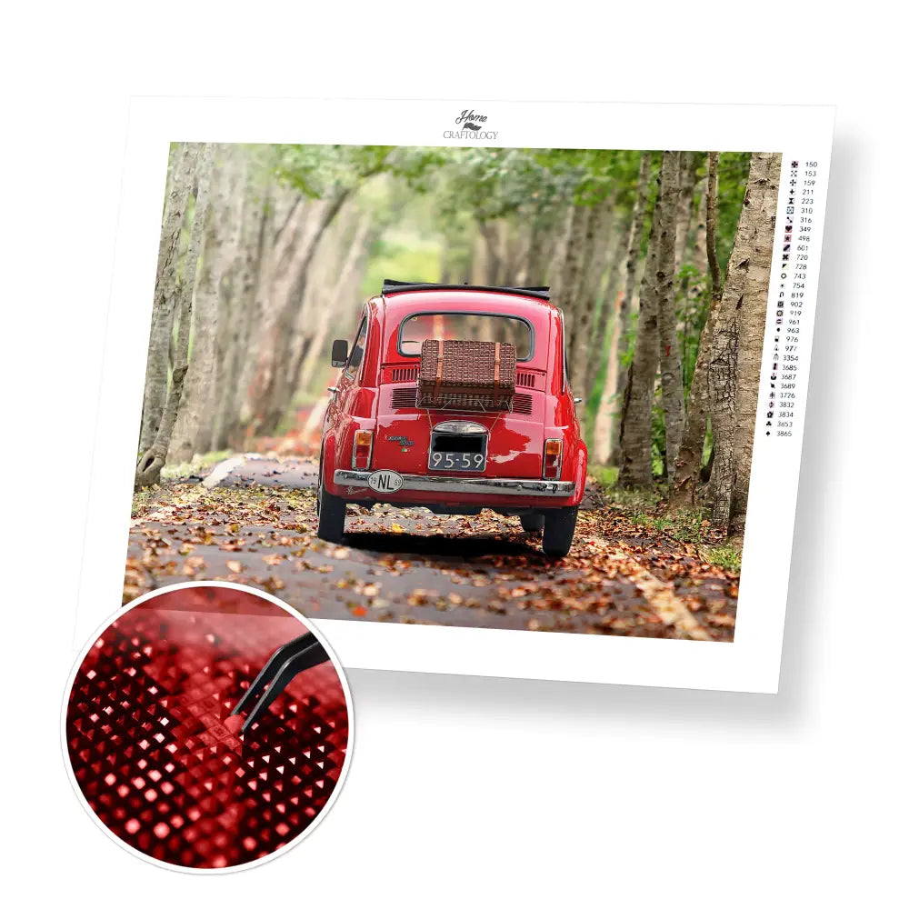 Travelling Red Car - Premium Diamond Painting Kit - 40x30cm / 16x12’’ / Square (Most Popular) - Diamond Painting Kit