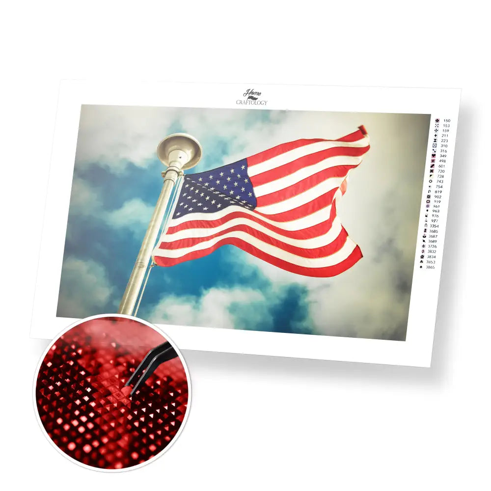 USA Flag on a Pole - Premium Diamond Painting Kit - 30x20cm / 12x8’’ / Square (Most Popular) - Diamond Painting Kit