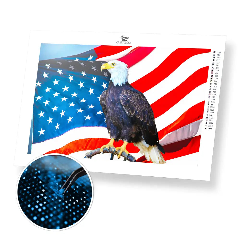 USA Flag with Bald Eagle - Premium Diamond Painting Kit - 45x30cm / 18x12’’ / Square (Most Popular) - Diamond Painting