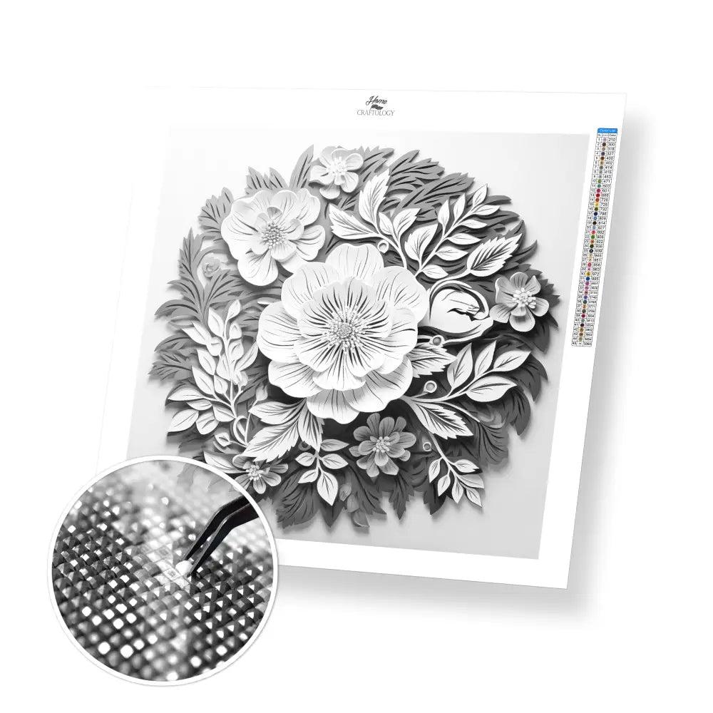 White Flowers with Leaves - Exclusive Premium Diamond Painting Kit - 20x20cm / 8x8’’ / Square (Most Popular) - Diamond