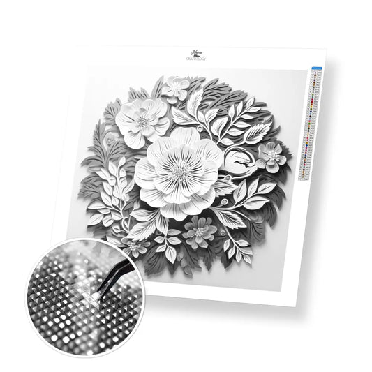 White Flowers with Leaves - Exclusive Premium Diamond Painting Kit - 20x20cm / 8x8’’ / Square (Most Popular) - Diamond