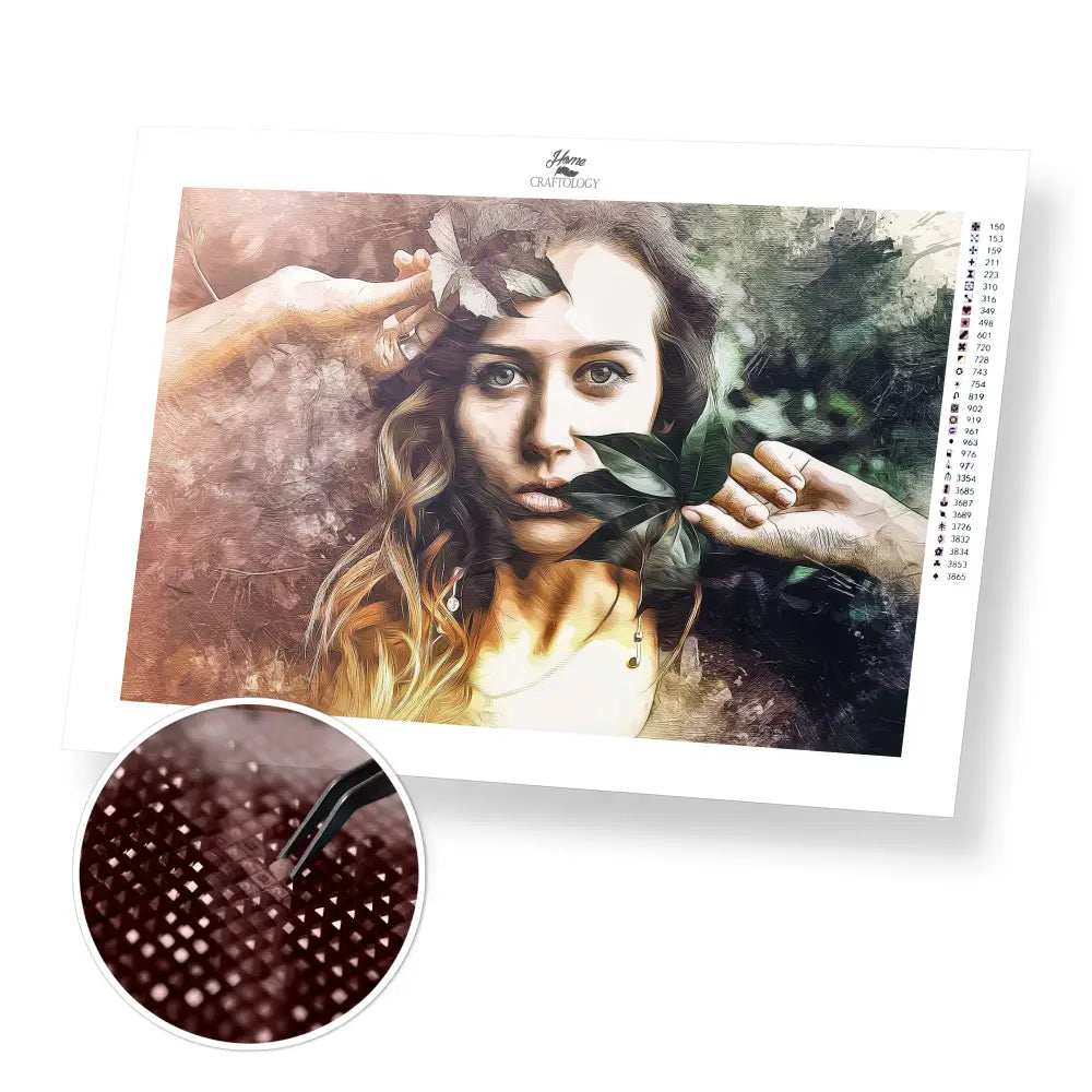 Woman and Leaves - Premium Diamond Painting Kit - 30x20cm / 12x8’’ / Square (Most Popular) - Diamond Painting Kit