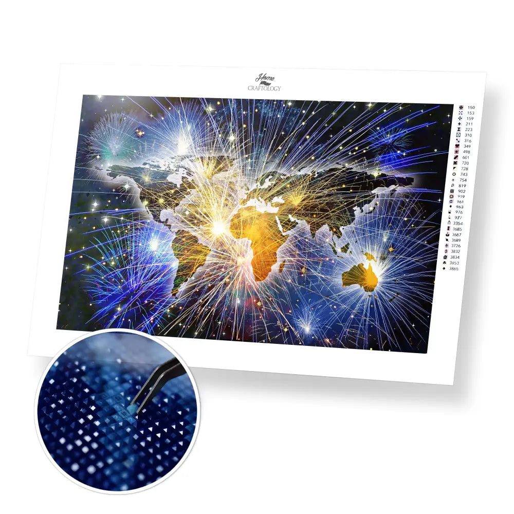 World Map Fireworks - Premium Diamond Painting Kit - 45x30cm / 18x12’’ / Square (Most Popular) - Diamond Painting Kit