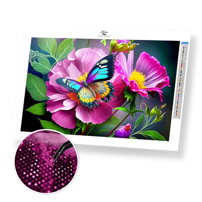 Butterfly on Pink Flower - Premium Diamond Painting Kit