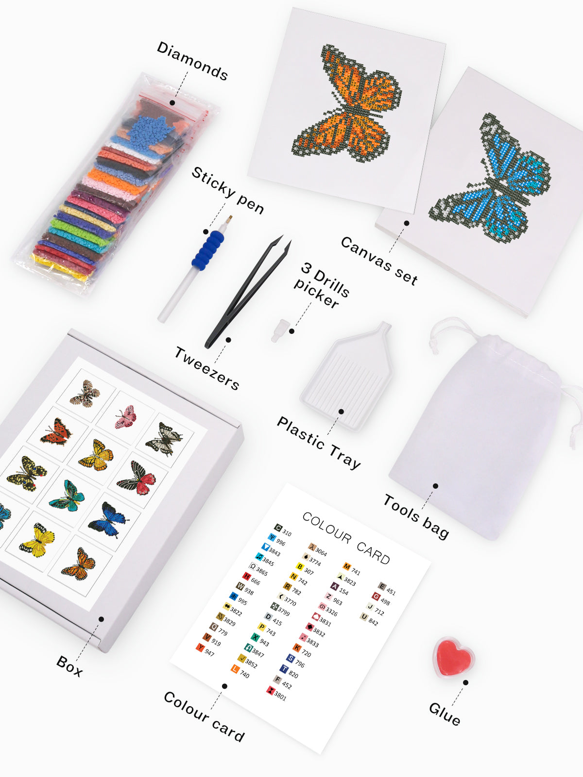 Set of 12 Butterflies A - Mini Diamond Painting Kits